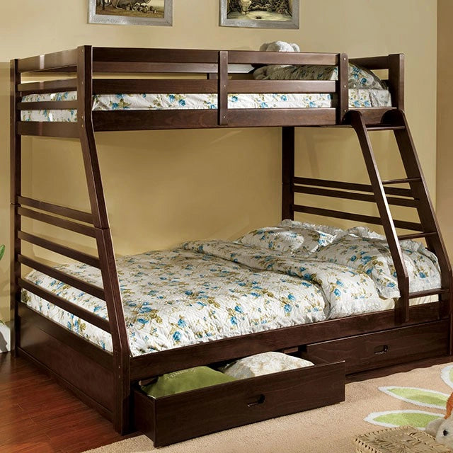 California II Cherry Twin/Full Bunk Bed w/ 2 Drawers Cherry, Walnut, Grey, &Oak